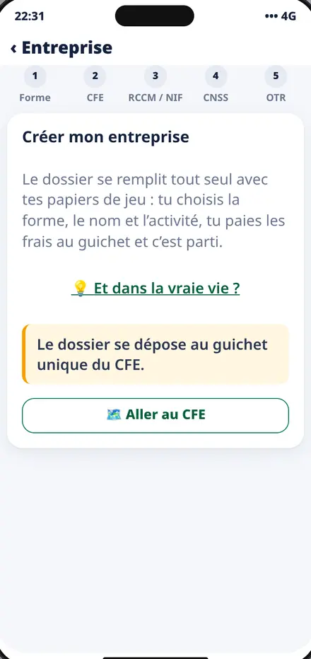 Registering a company: CFE, RCCM / NIF, CNSS, then OTR
