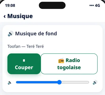 Game screenshot: the Music app, a Toofan song playing and the Togolese radio