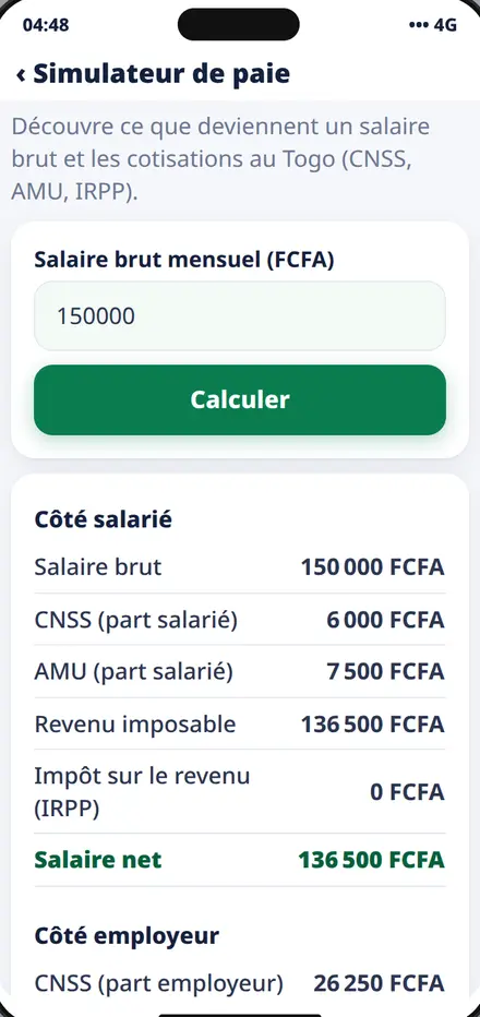 Payroll simulator: gross and net pay, CNSS, AMU and IRPP
